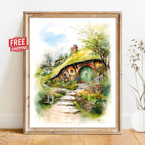 Lord Of The Rings The Hobbit Art Hole Print LOTR Poster Hobbitcore Decor, WATERCOLOR Painting Bilbo Baggins Haus Door The Shire Tolkien Gift