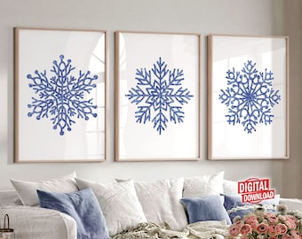 Christmas Printable Navy Blue Snowflake Wall Art Prints, Holiday Home Decor Xmax Wall Decor Winter Decoration Minimalist Boho Neutral Poster