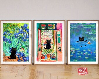 Black Cat Prints Monet Van Gogh Matisse Wall Art Oil Painting Poster Set Of 3, Cute Cat Lover Gifts Water Lilies Irises Funny Cat Home Decor