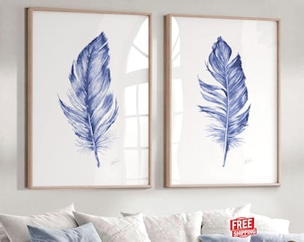 Juego de 2 láminas de acuarela con plumas azules: Arte de pared estilo boho para dormitorio y sala de estar.