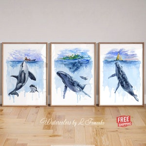 Whale painting Orca wall art Killer whale print set of 3 Nautical wall decor Orca whale art Watercolor picture Ocean nursery bathroom poster