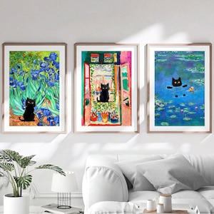 Arte de pared de gato negro, Monet, Matisse, Van Gogh, impresión, decoración de pared para dormitorio, sobre la cama, divertido póster imprimible, juego de 3, gatito lindo, descarga digital