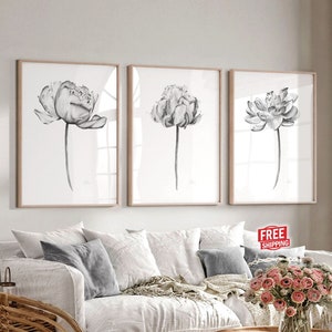 Black and white wall art Bedroom wall decor Living room print Above Over the bed Large peony artwork Modern farmhouse Boho painting