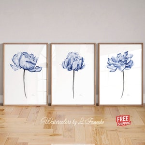 Peony flower prints Master bedroom wall decor Over the bed Above bed decor Modern home decor Giclee Navy blue wall art Set of 3 wall art