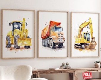 Set of 3 Construction Truck Vehicle Prints for Boy Nursery Decor, Kids And Baby Playroom Wall Decor Cars Wall Art Gift Watercolor Artwork