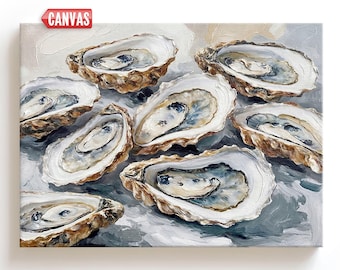 Coastal Oyster Shells Wall Art - Print Of My Oil Painting, Beach House Decor On Canvas, Hamptons Ocean Gift For Women Nautical Sea Artwork