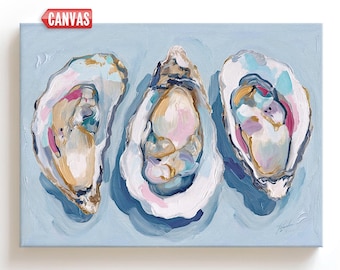 Oysters Wall Art - Coastal Print Of My Oil Painting, Beach House Decor Ocean Oyster Shells On Canvas Or Paper, Blue Nautical Sea Artwork