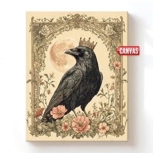 King Raven Gothic Wall Art Print Crow Painting, Vintage Style Engraving Crown Moon Norse Canvas Art Nouveau Cottagecore Dark Academia Decor
