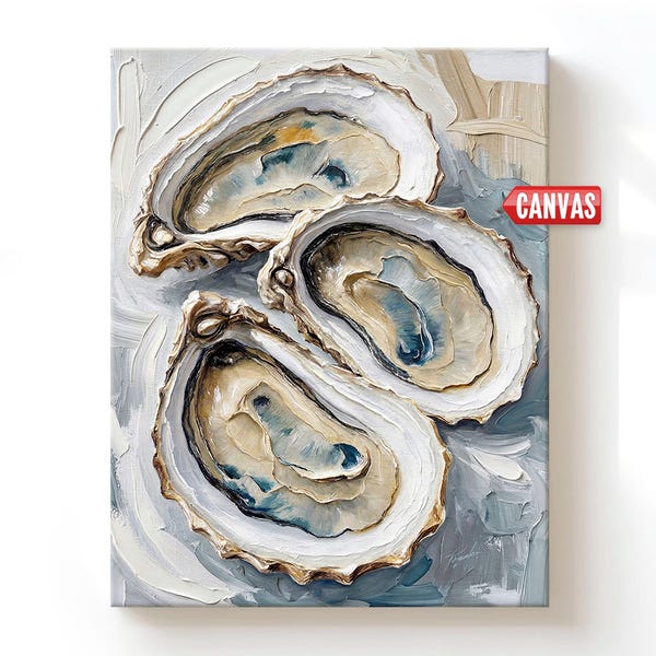 Nautical Oyster Shell Wall Art Print - Coastal Beach House Decor, Oil Painting, Sea Shells On Canvas Or Paper, Hand Painted Ocean Artwork