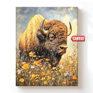 May include: A canvas print featuring an oil painting of a brown bison standing in a field of yellow, orange, and white wildflowers under a cloudy sky. The word CANVAS is printed in white letters on a red rectangular tag on the right side.