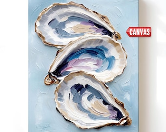 Coastal Decor: Oyster Shell Wall Art Print, Ocean Painting, Nautical Beach Bathroom Canvas Artwork