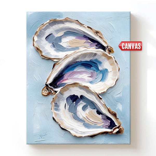 Coastal Decor: Oyster Shell Wall Art Print, Ocean Painting, Nautical Beach Bathroom Canvas Artwork