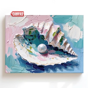 Oyster shell and pearl wall art - print of my oil painting, coastal beach house decor, ocean seashell on gallery wrapped stretched canvas, large nautical signed artwork, pastel pink blue teal colors, hand painted gift for woman sister mother mom her