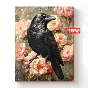 May include: A rectangular canvas print featuring a detailed black raven perched atop a cluster of soft pink and peach-colored peony flowers. The background consists of a muted, vintage-style floral pattern. The word CANVAS is printed in red.