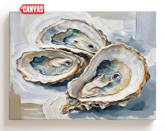 Coastal Oyster Shells Wall Art - Print Of My Oil Painting, Beach House Decor On Canvas, Hamptons Ocean Gift For Her Nautical Sea Picture