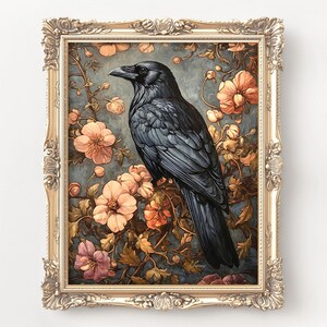 Raven Wall Art Print William Morris Inspired Canvas Crow Oil Painting, Vintage Bird Gift Large Mid Century Cottagecore Dark Academia Decor image 1