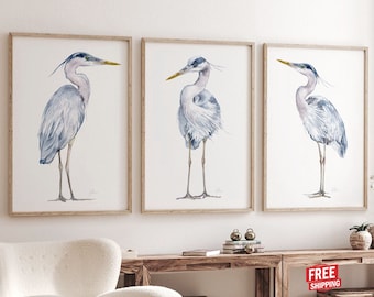 Watercolor Coastal Wall Art Prints Great Blue Heron Three Large Birds Painting, Bedroom Wall Decor Beach House Hamptons Modern Nautical Set