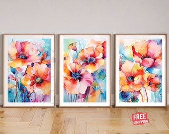 Abstract Watercolor Flowers Painting Poppy Wall Art Colorful Prints, Bedroom Wall Decor Living Room Modern Gallery Gift Bright Canvas Poster