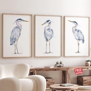 Coastal Blue Heron Wall Art Set of 3, Bird Painting Prints, Large Beach Decor