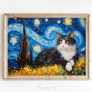 Tuxedo Cat Style Van Gogh Print Home Decor Wall art Starry Night Oil Painting Canvas Reproduction Artwork Poster Cat Lover Gift