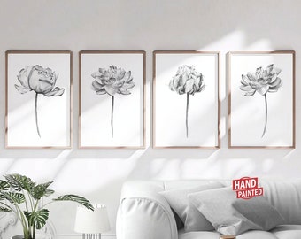 Juego de 4 impresiones de peonías, 4 piezas de arte de pared imprimible con flores en blanco y negro, decoración del hogar, plantas, sala de estar, pintura floral gris, descarga digital