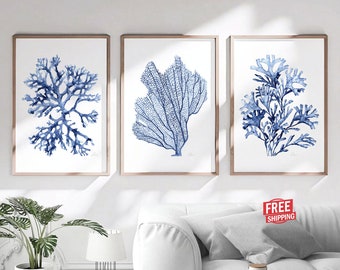 Coral Seaweed, Navy Blue Watercolor Set of 3 Prints, Minimalist Artwork Botanical Posters Nautical Room Decor Beach House