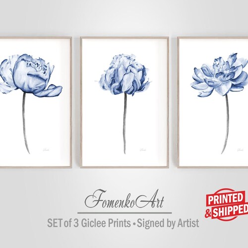 Set of 3 Prints Blue Wall Art Blue Flowers Print Set of 3 Etsy