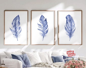 Blue and white feather print, Watercolor printable wall art Digital download Prints set of 3, Navy blue feather art, Artwork for walls