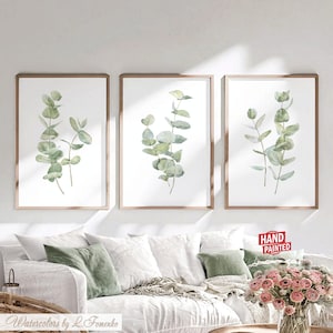 Green Eucalyptus Prints Bathroom Wall Art, Bedroom Wall Decor Living Room Spa Watercolor Painting 3 Printable Plant Artwork DIGITAL DOWNLOAD