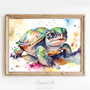 Little Sea Turtle Painting Wall Art Print - Gift For Kids, Watercolor Artwork Baby Girl Boy Colorful Wall Decor Nursery Canvas Ocean Beach