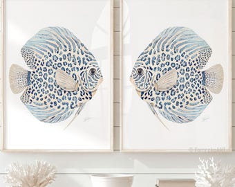 Discus Fish Wall Art Prints, 2 Abstract Coastal Paintings, Nautical Ocean Beach Decor, Japandi Artwork