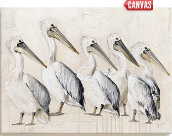 Coastal Pelican Wall Art, Neutral Bird Print, Japandi Wabi Sabi Сontemporary Painting, Canvas Decor