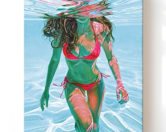 Feminine Woman Wall Art Print, Sensual Girl Swimsuit Painting, Swimming Pool, Coastal Beach Decor