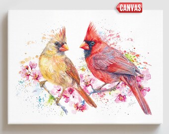 Cardinal Bird Wall Art Print, Romantic Couple Painting, Nature Lover Gift, Watercolor Cottage Decor