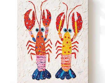 Lobster Wall Art Print, Coastal Dopamine Decor, Funny Ocean Beach Painting, Whimsical Nautical Kitchen