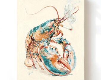 Lobster Smoking a Cigarette Wall Art Print, Funny Vintage Bar Cart Painting, Coastal Kitchen Cabin Decor, Whimsical Nautical Gift for Dad