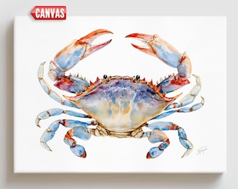 Blue Crab Watercolor Art Print: Watercolor Painting, Coastal Kitchen Wall Decor