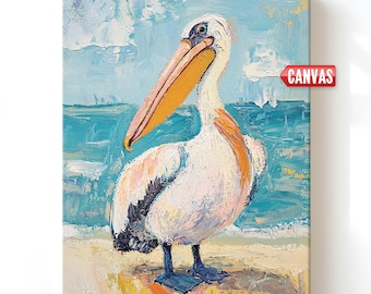 Pelican Wall Art Print, Coastal Beach Bird Painting, Ocean Wildlife Canvas, Nautical Animal Decor