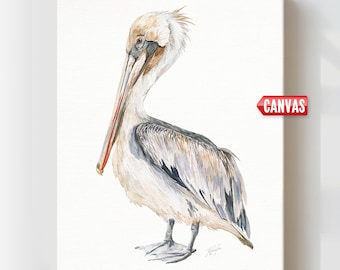 Pelican Bird Wall Art Print, Neutral Coastal Painting, Canvas Beach House Decor, Minimalist Modern