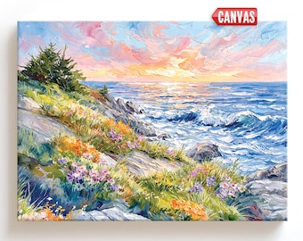Coastal Ocean Sunset Wall Art Print - Seascape Painting, Nautical Beach Decor, Landscape Canvas Artwork