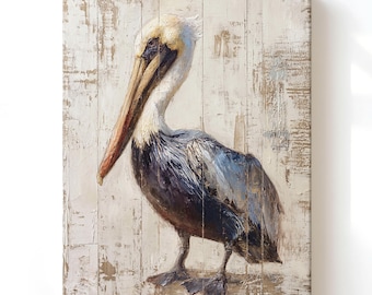 Coastal Pelican Wall Art Print, Canvas Bird Painting, Rustic Vintage Style Ocean Beach Decor