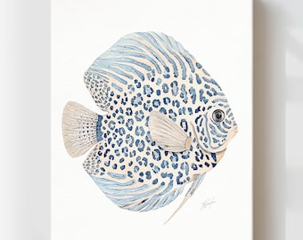 Coastal Discus Fish Wall Art Print, Blue Ocean Canvas Painting, Nantucket Nautical Beach Decor