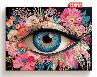 Whimsical Eye Wall Art Print, Maximalist Dopamine Decor, Unique Fantasy Painting, Surreal Floral Canvas
