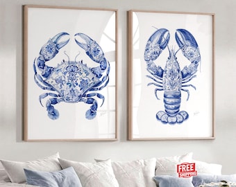 Coastal Crab & Lobster Wall Art, Nautical Painting Prints, Blue Chinoiserie Beach Decor, Ocean Set