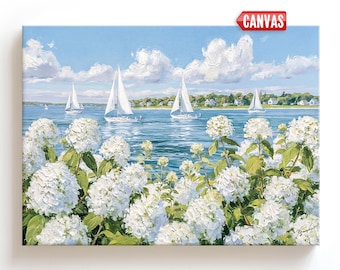 Coastal Sailboat Wall Art, Hydrangea Flowers Print, Nantucket Ocean Painting, Nautical Beach Cottagecore Decor