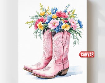 Estampado de botas vaqueras, arte de pared de vaquera costera rosa, póster de chica western con flores Howdy, pintura de acuarela, lienzo para decoración de habitación estilo preppy