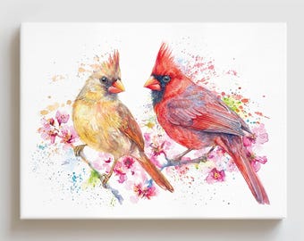 Cardinal Bird Wall Art Print, Romantic Couple Painting, Nature Lover Gift, Watercolor Cottage Decor
