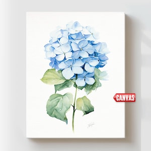Blue Watercolor Hydrangea Fine Art Print On Canvas, Botanical Picture Large Flower Gift, Farmhouse Minimalist Wall Decor Modern Wall Art