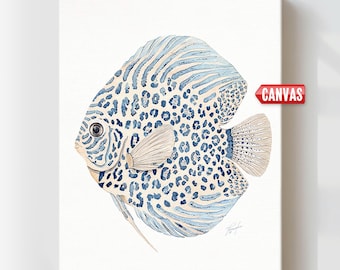 Discus Fish Wall Art Print, Coastal Beach Decor, Ocean Canvas Painting, Blue Nautical Watercolor