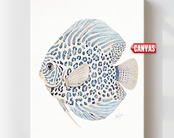 Discus Fish Wall Art Print, Coastal Beach Decor, Ocean Canvas Painting, Blue Nautical Watercolor